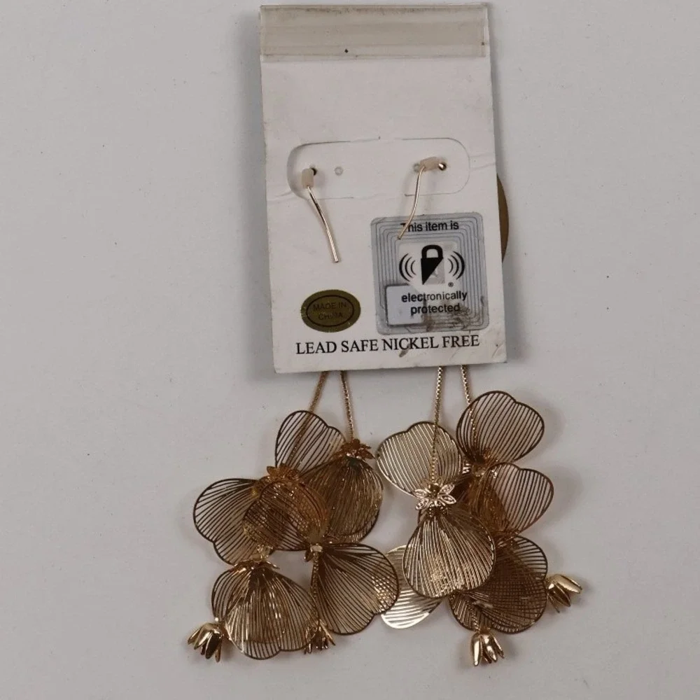 Atterri Earrings Floral Cluster Dangle Drop Gold Tone Statement NWT